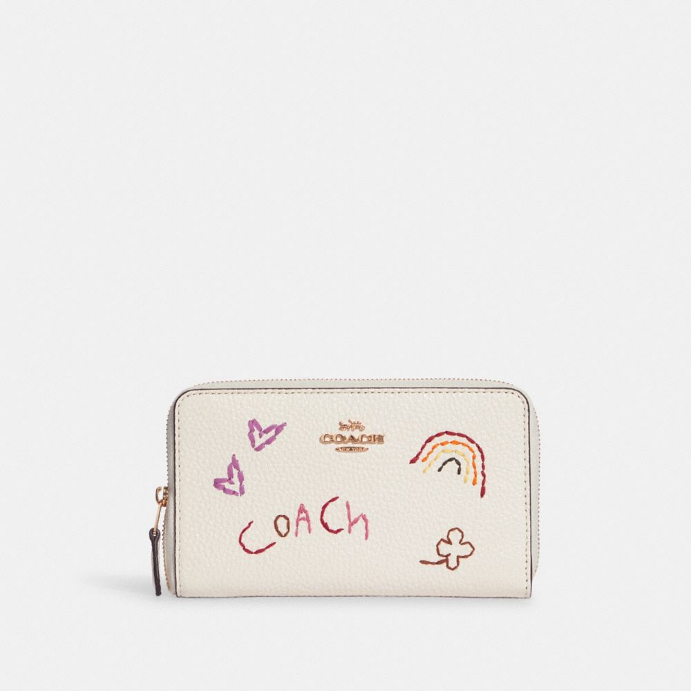 COACH C8309 - Medium Id Zip Wallet With Diary Embroidery GOLD/CHALK MULTI