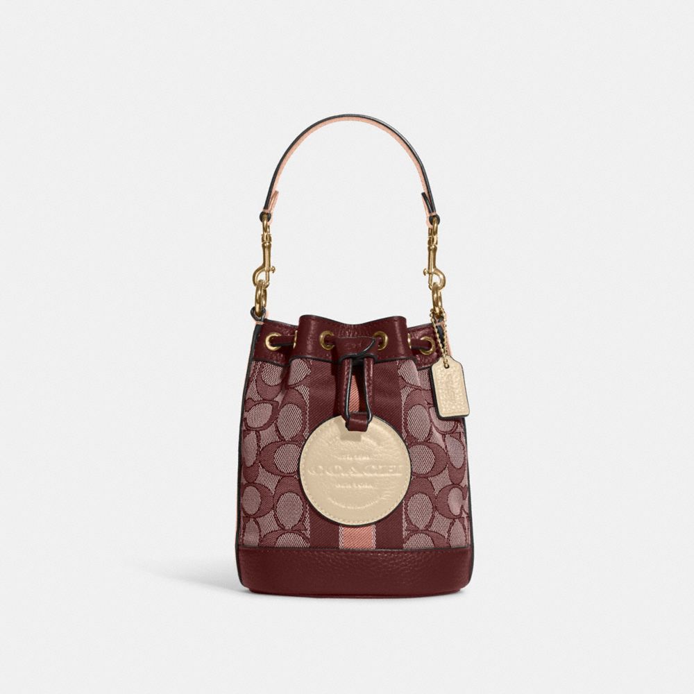 Mini Dempsey Bucket Bag In Signature Jacquard With Stripe And Coach Patch - C8322 - Gold/Wine Multi