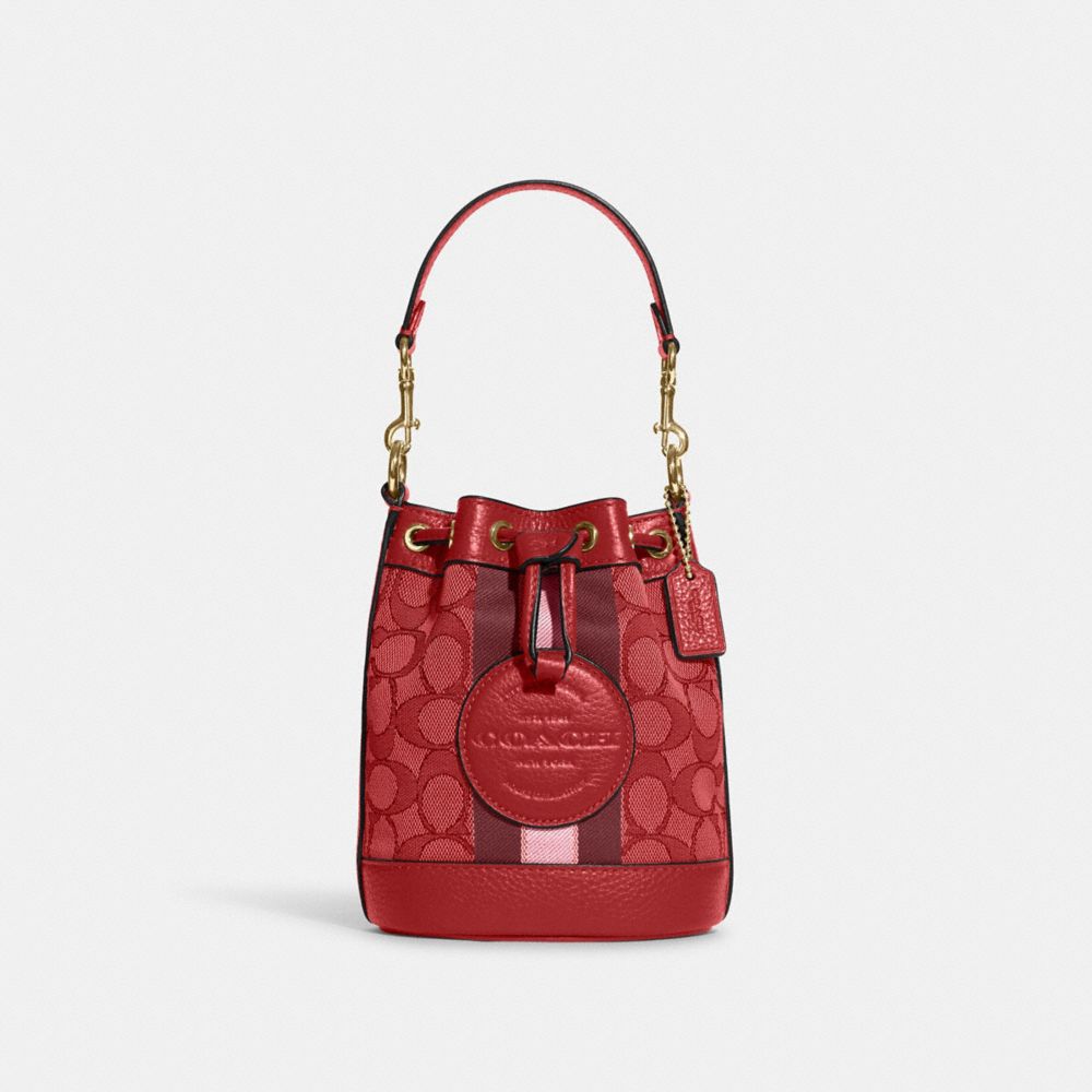 Mini Dempsey Bucket Bag In Signature Jacquard With Stripe And Coach Patch - C8322 - Gold/Red Apple Multi
