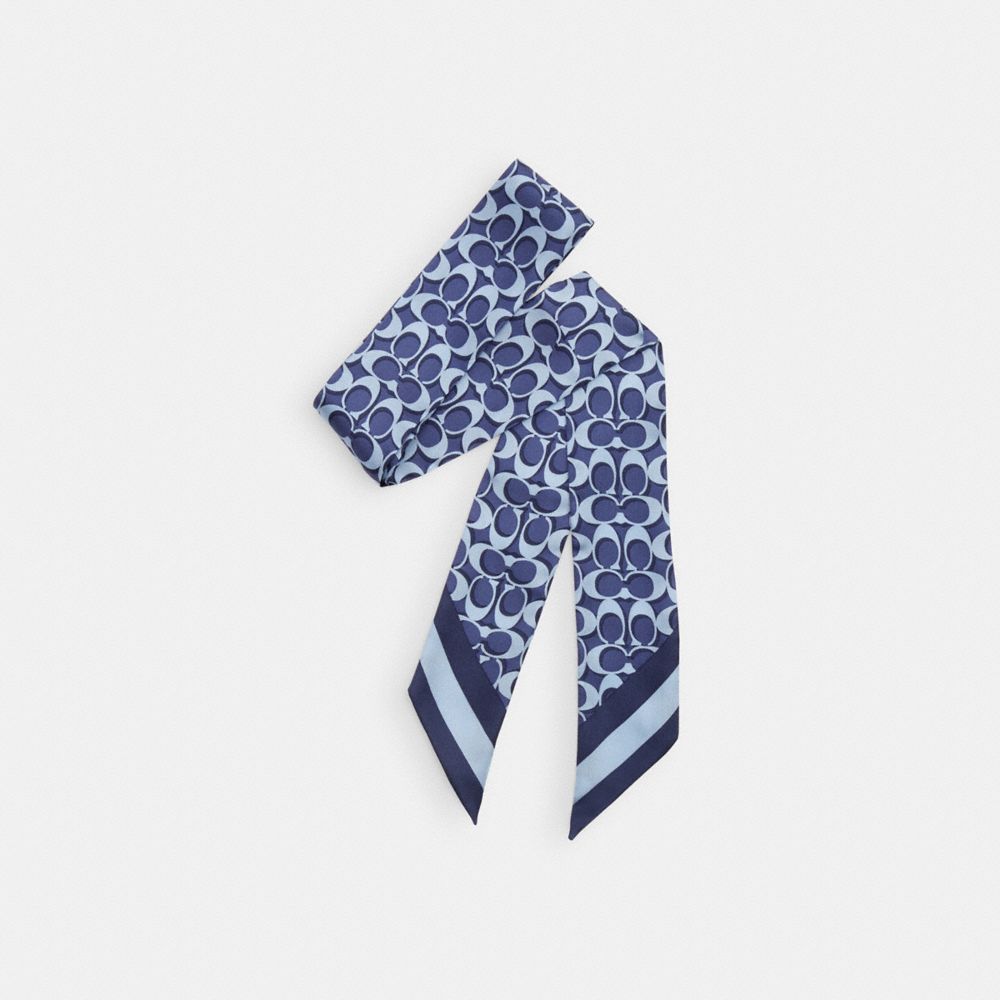 COACH C8363 Signature Print Silk Skinny Scarf TRUE NAVY