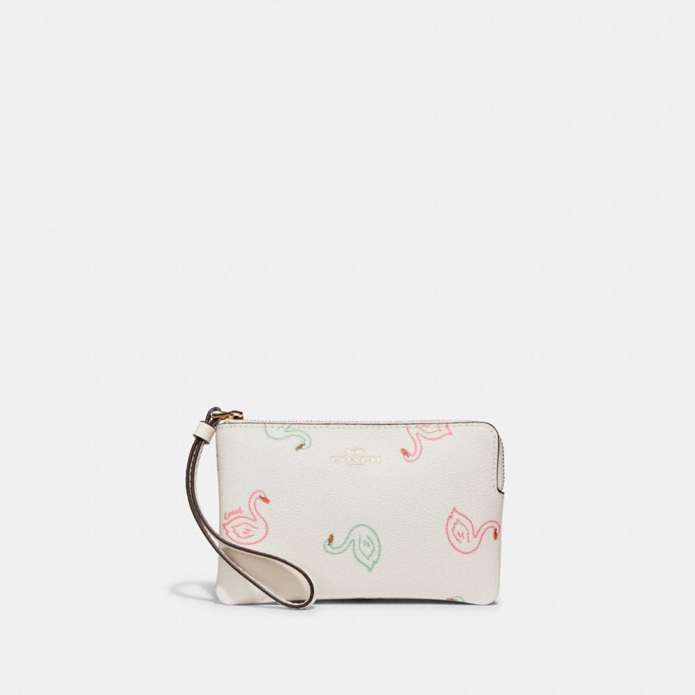 COACH C8380 - Corner Zip Wristlet With Swan Print GOLD/CHALK MULTI