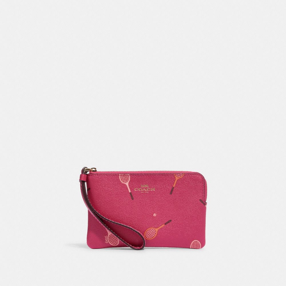 Corner Zip Wristlet With Racquet Print - C8381 - GOLD/BOLD PINK MULTI