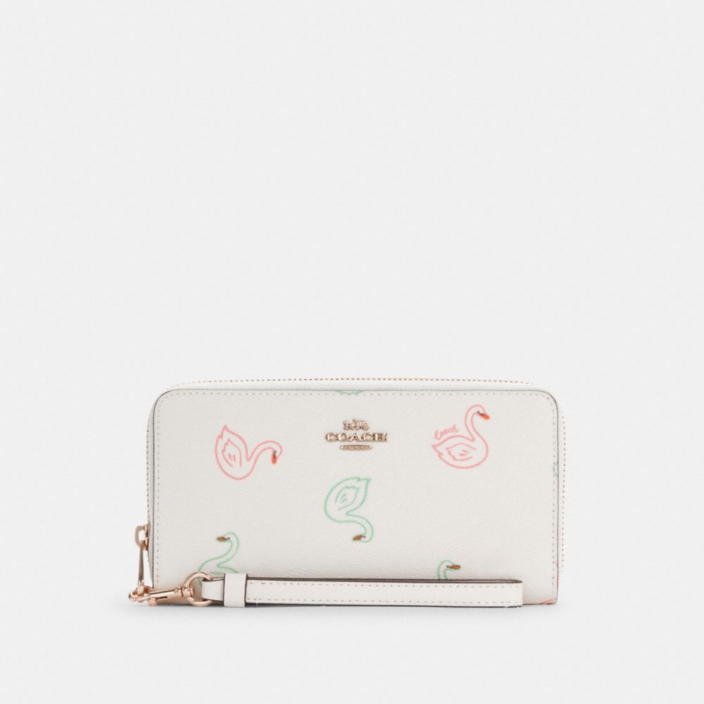 Long Zip Around Wallet With Swan Print - GOLD/CHALK MULTI - COACH C8384