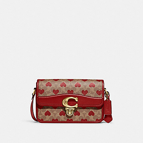 COACH C8388 Studio Shoulder Bag In Signature Canvas With Heart Print Brass/Tan Red Apple
