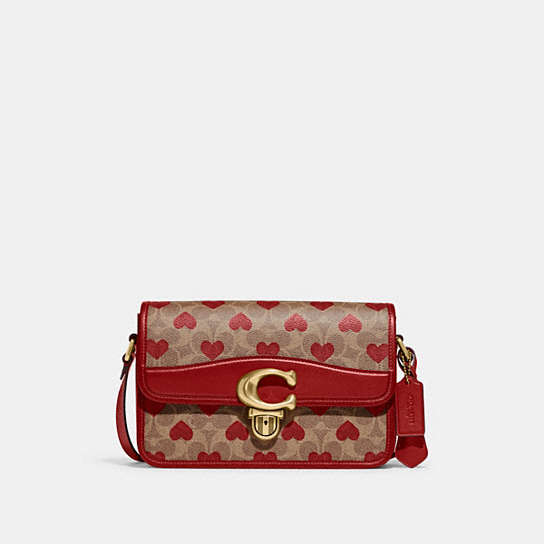 C8388 - Studio Shoulder Bag In Signature Canvas With Heart Print Brass/Tan Red Apple