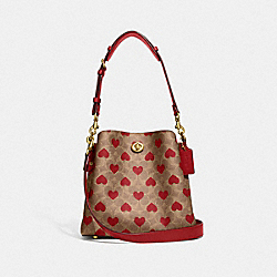 COACH C8389 Willow Bucket Bag In Signature Canvas With Heart Print BRASS/TAN RED APPLE