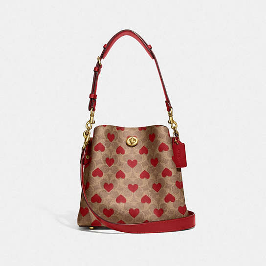 C8389 - Willow Bucket Bag In Signature Canvas With Heart Print Brass/Tan Red Apple