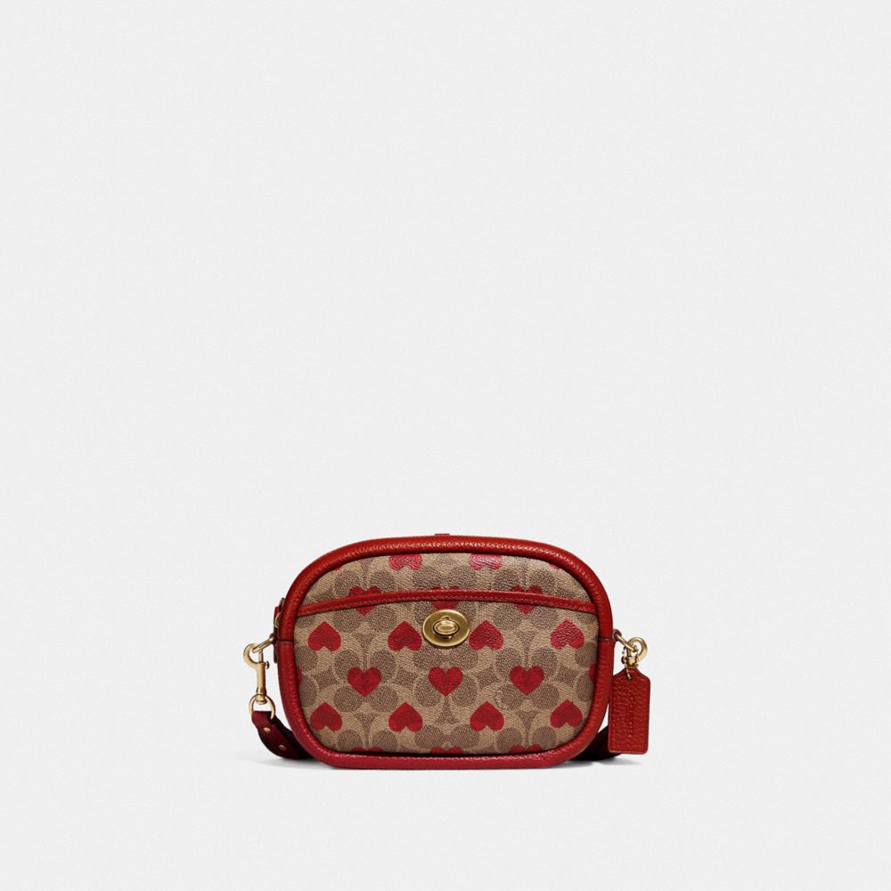 COACH C8390 Camera Bag In Signature Canvas With Heart Print Brass/Tan Red Apple