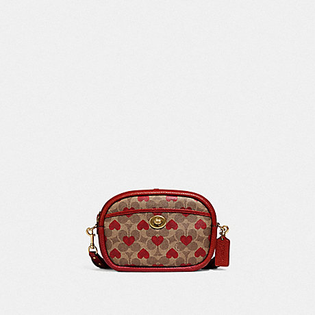 COACH C8390 Camera Bag In Signature Canvas With Heart Print Brass/Tan-Red-Apple
