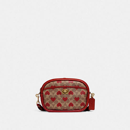 C8390 - Camera Bag In Signature Canvas With Heart Print Brass/Tan Red Apple