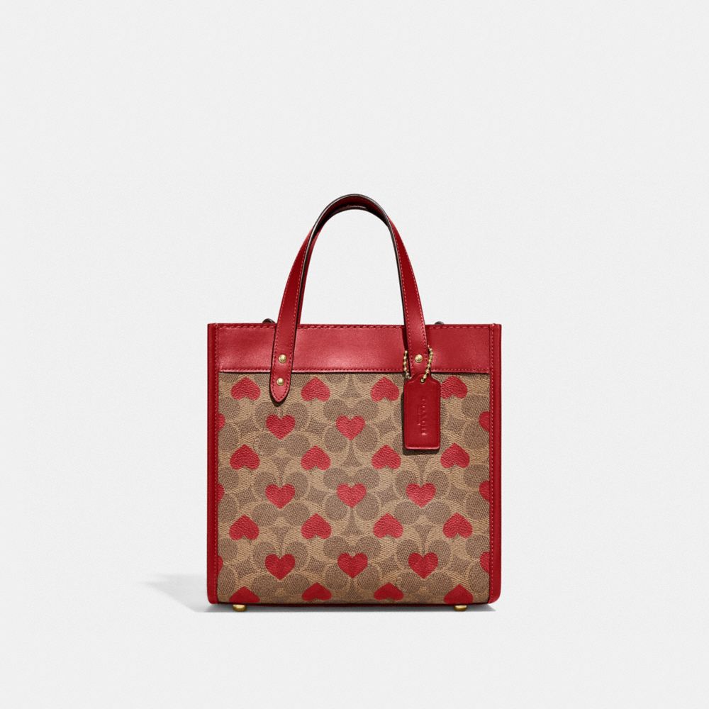 COACH C8391 Field Tote 22 In Signature Canvas With Heart Print BRASS/TAN RED APPLE