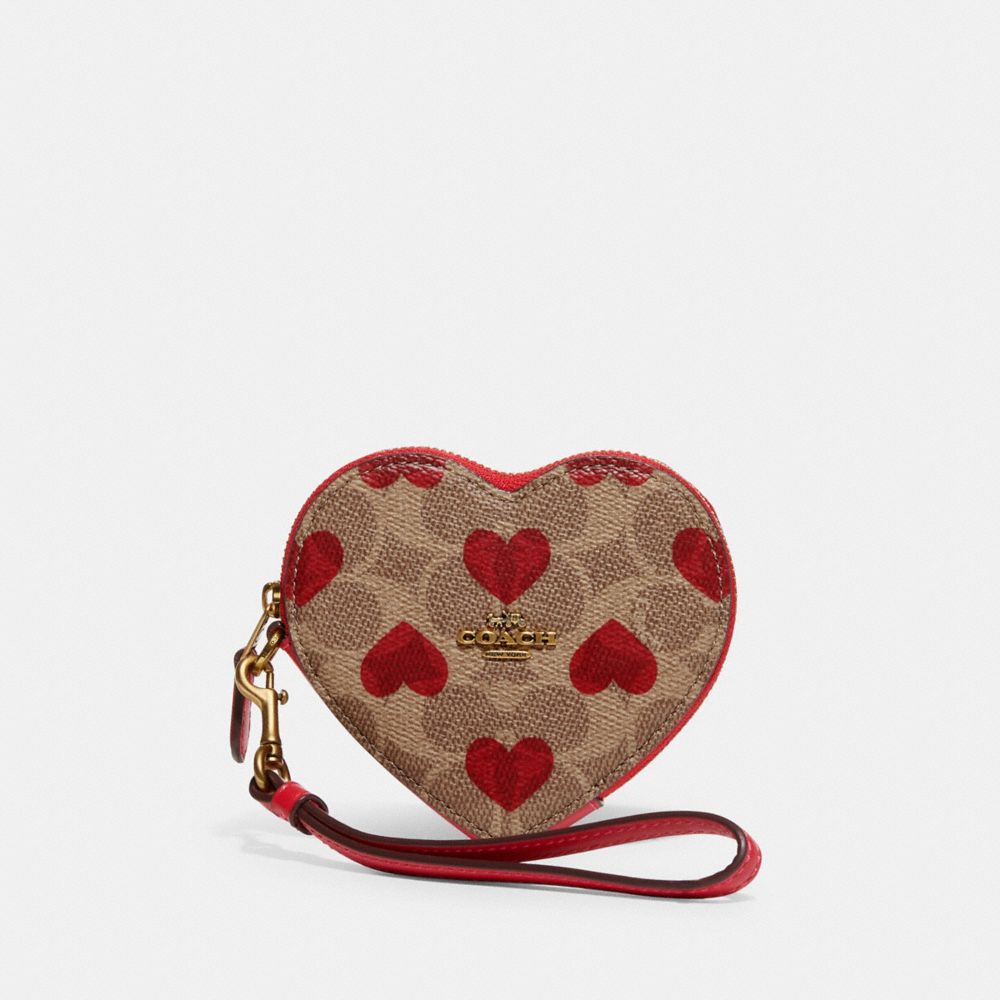 COACH C8398 Heart Coin Case In Signature Canvas With Heart Print Brass/Tan Red Apple