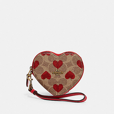 COACH C8398 Heart Coin Case In Signature Canvas With Heart Print Brass/Tan-Red-Apple