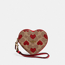 COACH C8398 Heart Coin Case In Signature Canvas With Heart Print BRASS/TAN RED APPLE