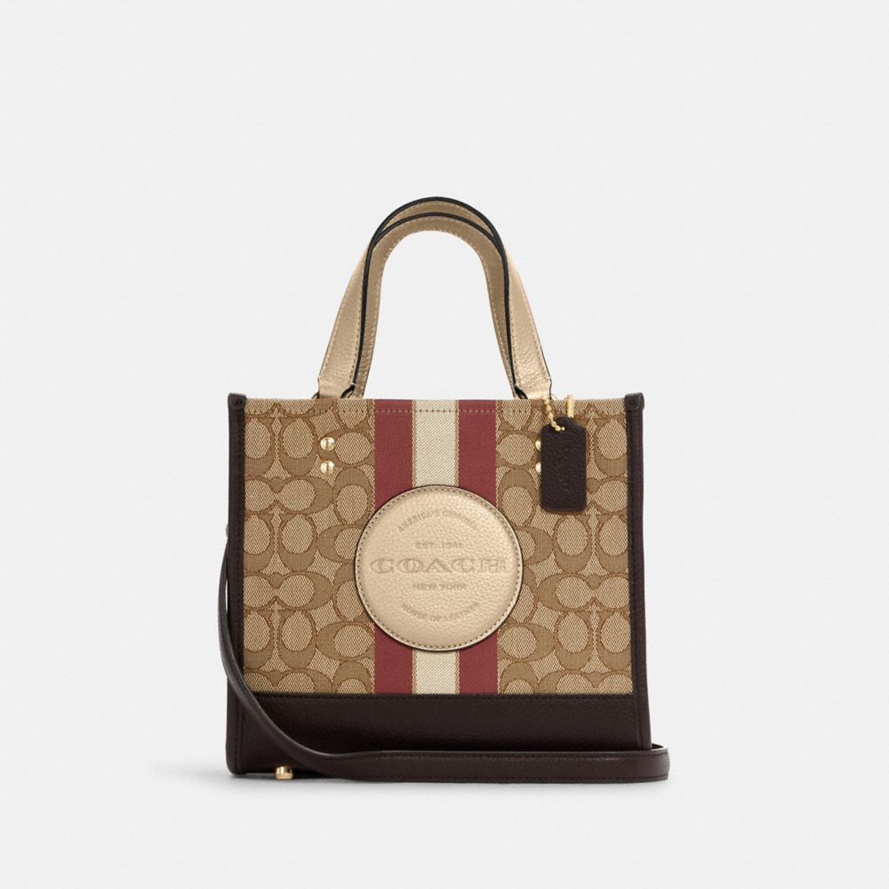 Dempsey Tote 22 In Signature Jacquard With Stripe And Coach Patch - C8406 - GOLD/KHAKI/VINTAGE MAUVE MULTI