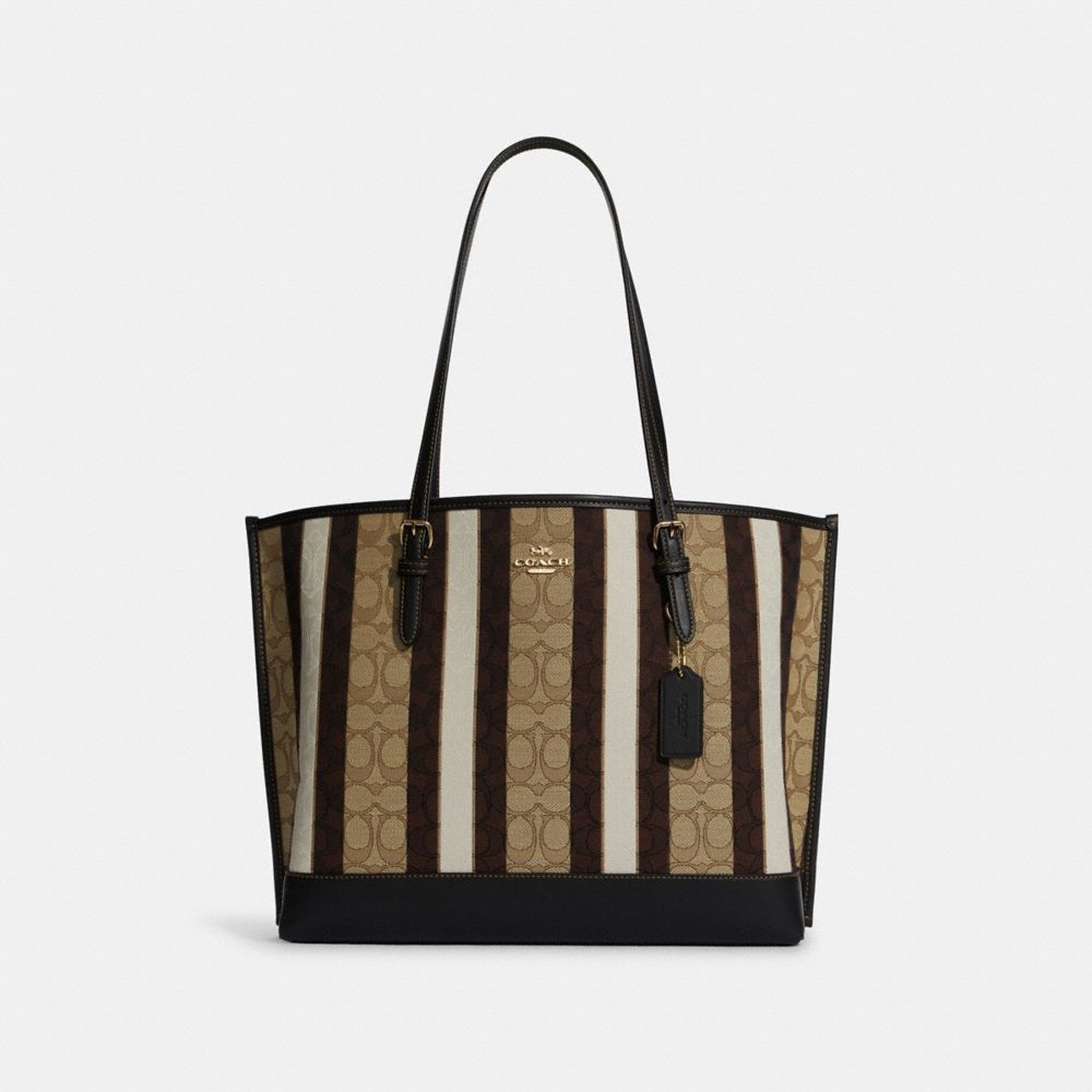 Mollie Tote In Signature Jacquard With Stripes - C8415 - GOLD/KHAKI BLACK MULTI