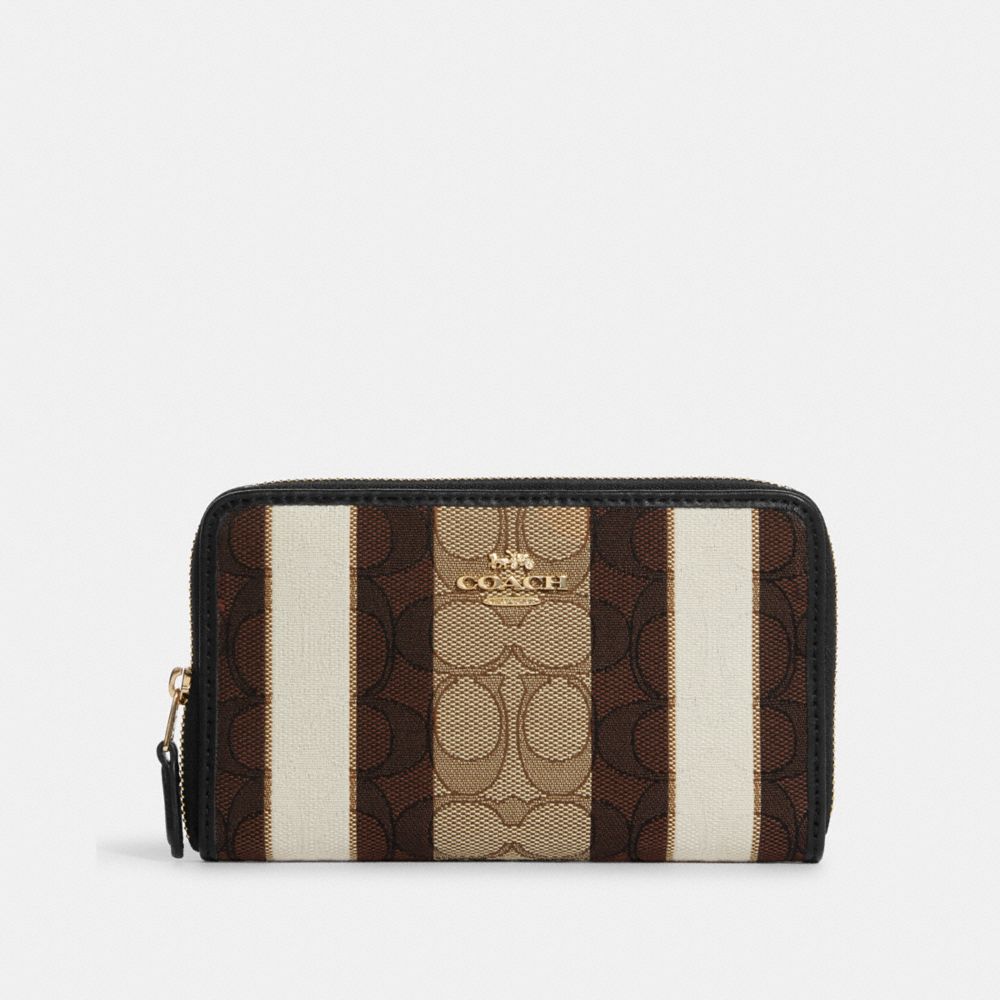 COACH C8419 Medium Id Zip Around Wallet In Signature Jacquard With Stripes GOLD/KHAKI BLACK MULTI