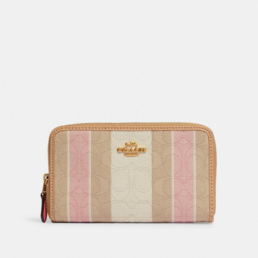 Medium Id Zip Around Wallet In Signature Jacquard With Stripes - C8419 - GOLD/TAFFY MULTI