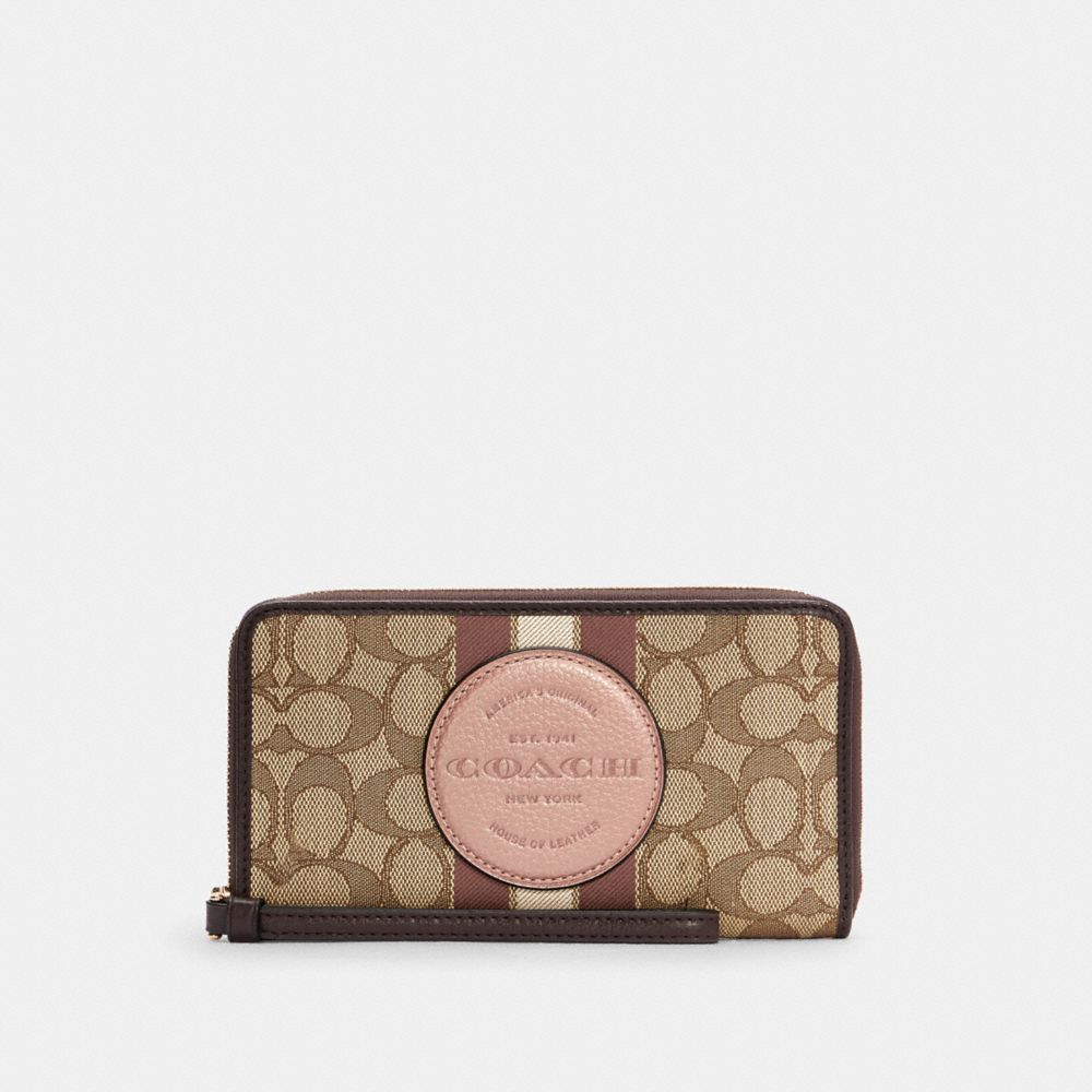 Dempsey Large Phone Wallet In Signature Jacquard With Stripe And Coach Patch - C8420 - GOLD/KHAKI/VINTAGE MAUVE MULTI