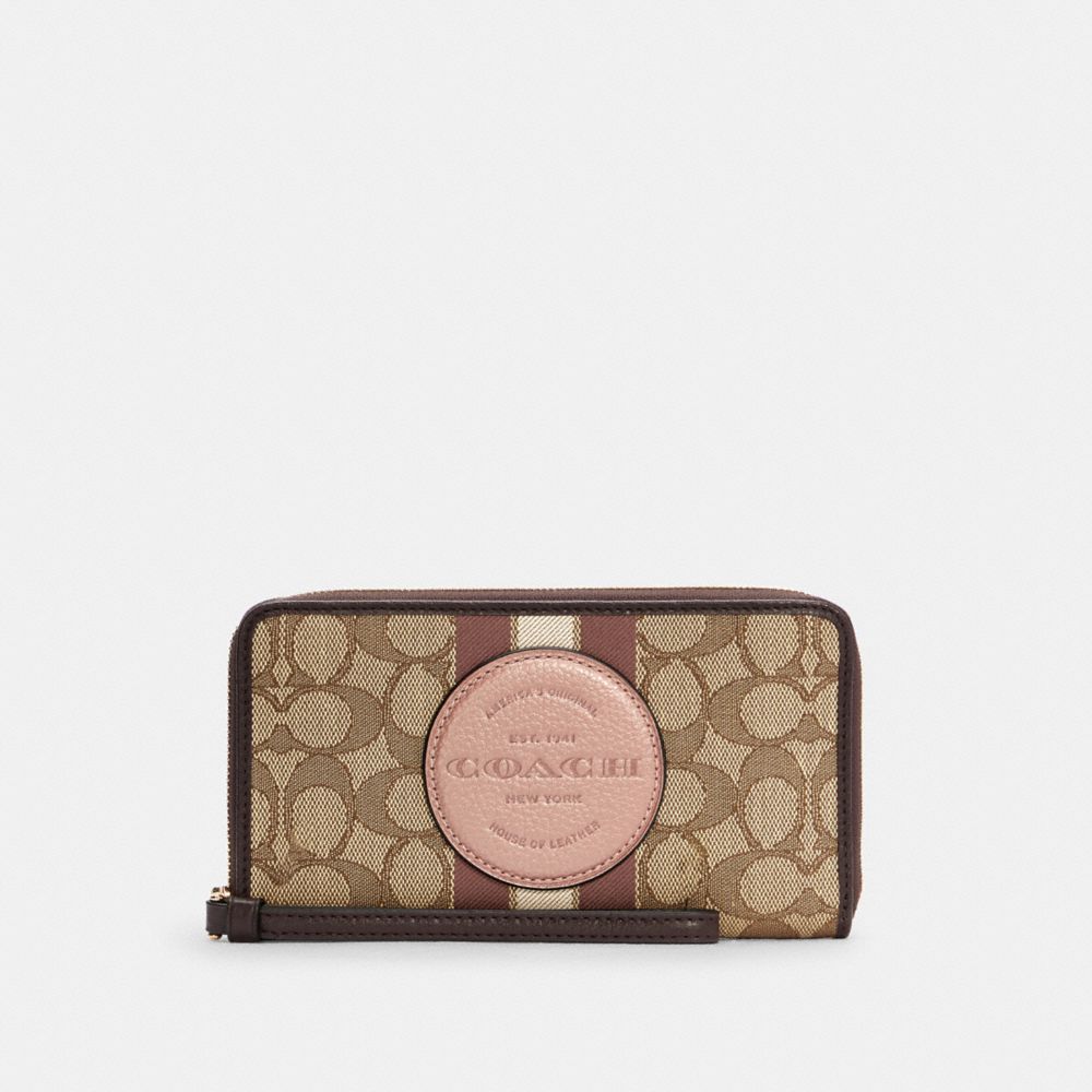 Dempsey Large Phone Wallet In Signature Jacquard With Stripe And Coach Patch - GOLD/KHAKI/VINTAGE MAUVE MULTI - COACH C8420