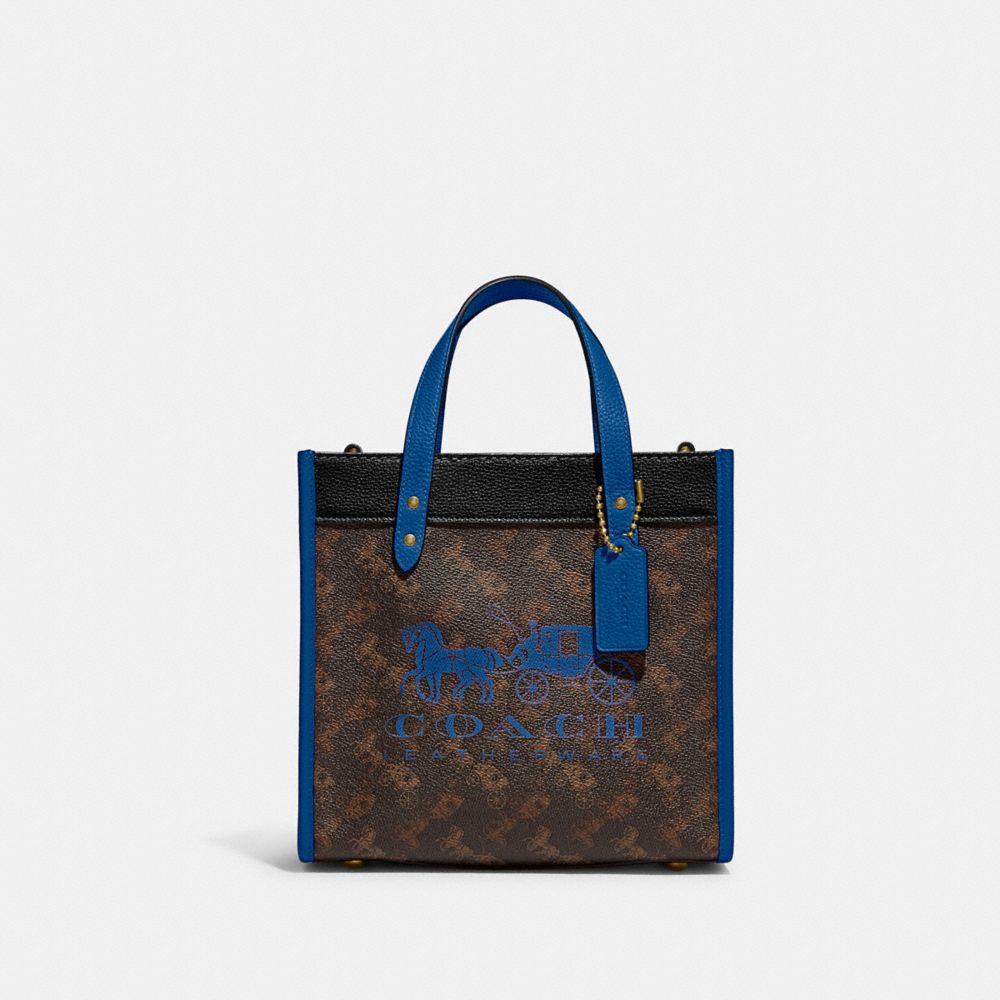 COACH C8456 Field Tote 22 With Horse And Carriage Print And Carriage Badge Brass/Truffle Blue Fin