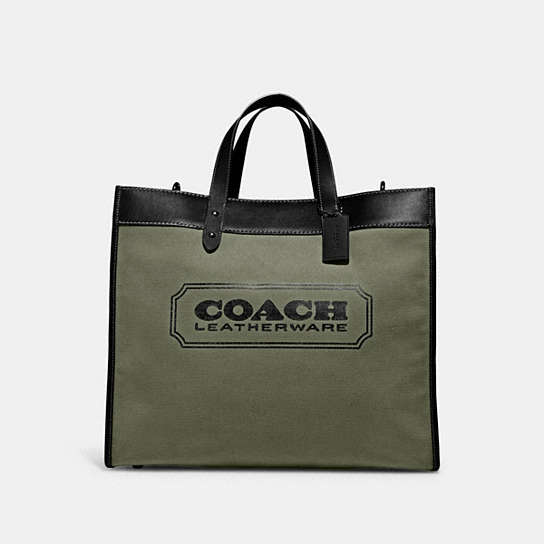 C8457 - Field Tote 40 In Organic Cotton Canvas With Coach Badge Army Green/Black Copper