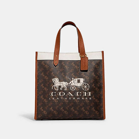 C8461 - Field Tote With Horse And Carriage Print And Carriage Badge Brass/Truffle Burnished Amber