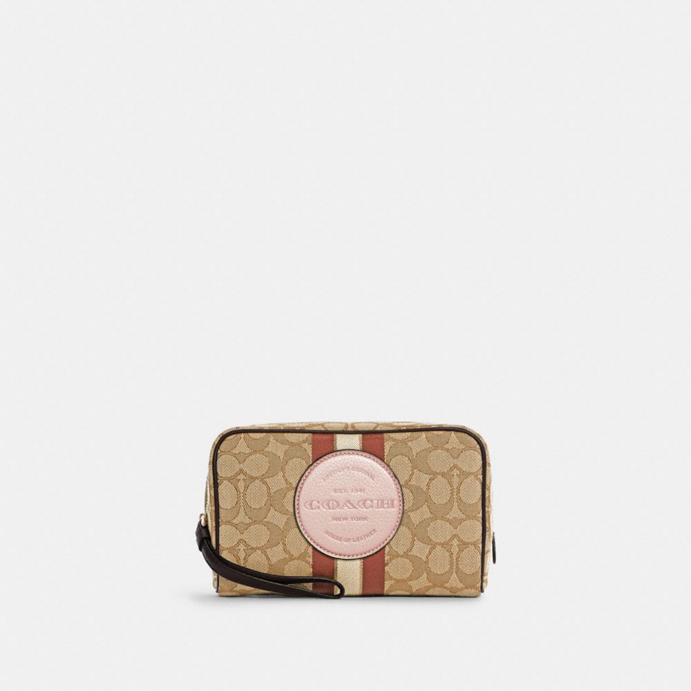 Dempsey Boxy Cosmetic Case 20 In Signature Jacquard With Stripe And Coach Patch - C8466 - GOLD/KHAKI/VINTAGE MAUVE MULTI