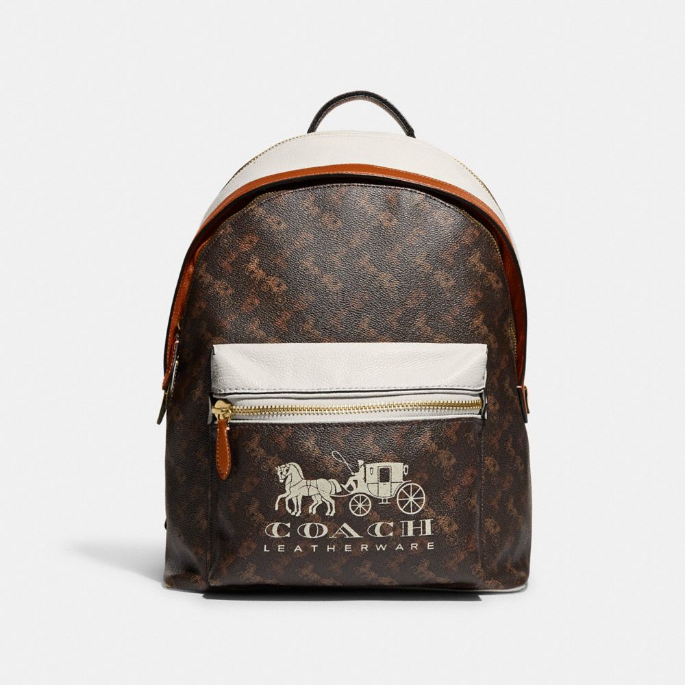COACH C8474 Charter Backpack With Horse And Carriage Print Brass/Truffle Burnished Amber