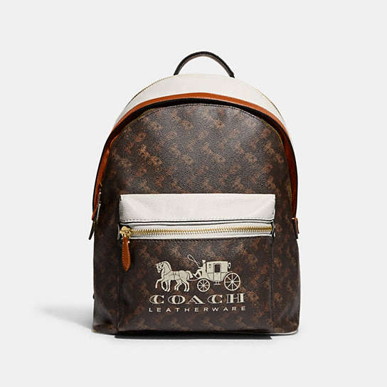 C8474 - Charter Backpack With Horse And Carriage Print Brass/Truffle Burnished Amber
