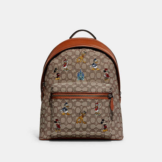 C8490 - Disney X Coach Charter Backpack In Signature Textile Jacquard With Mickey Mouse And Friends Embroidery Brass/Cocoa