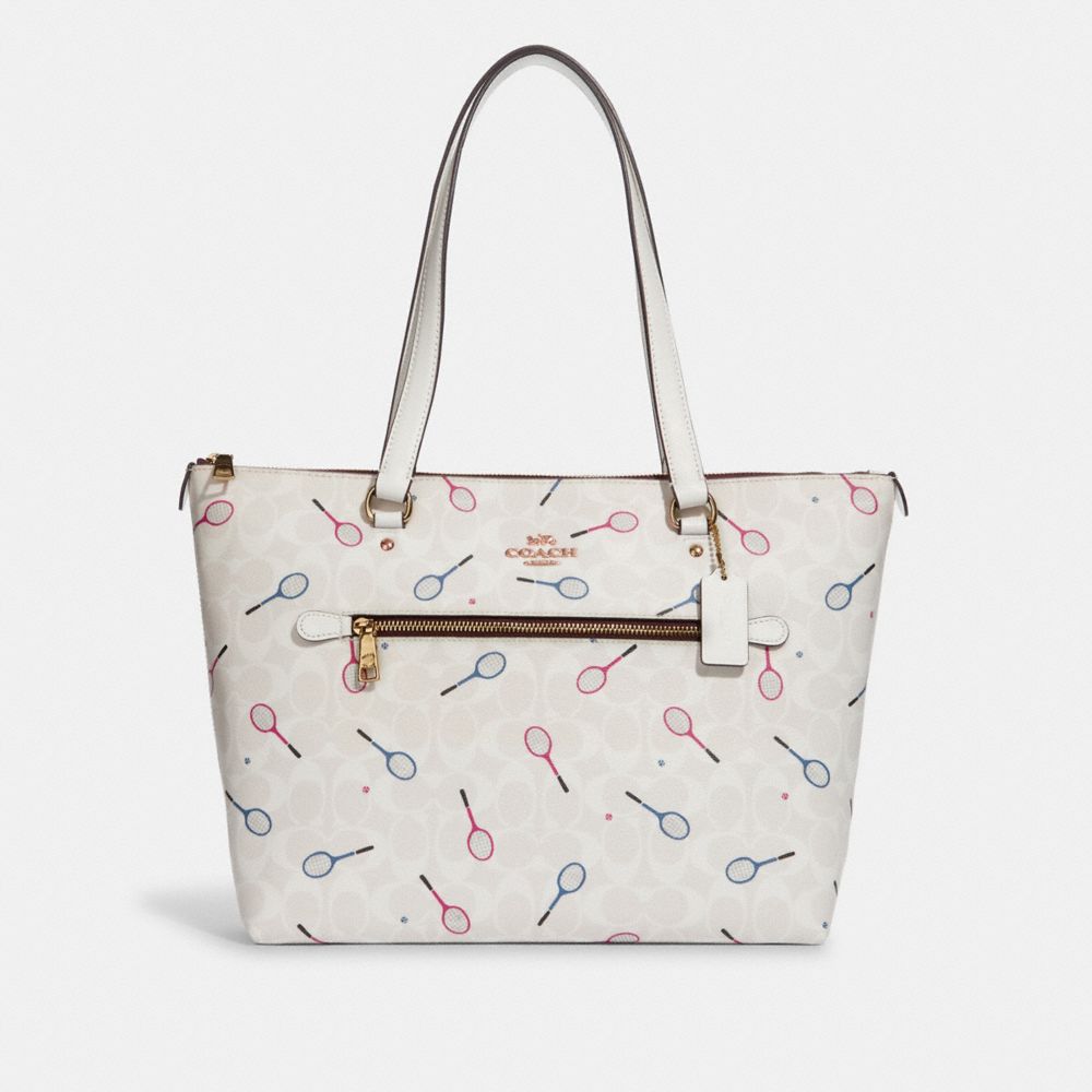 Gallery Tote In Signature Canvas With Racquet Print - C8501 - GOLD/CHALK MULTI