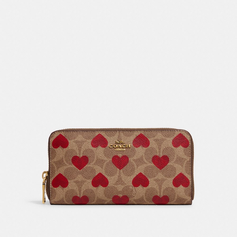 C8547 - Accordion Zip Wallet In Signature Canvas With Heart Print Brass/Tan Red Apple