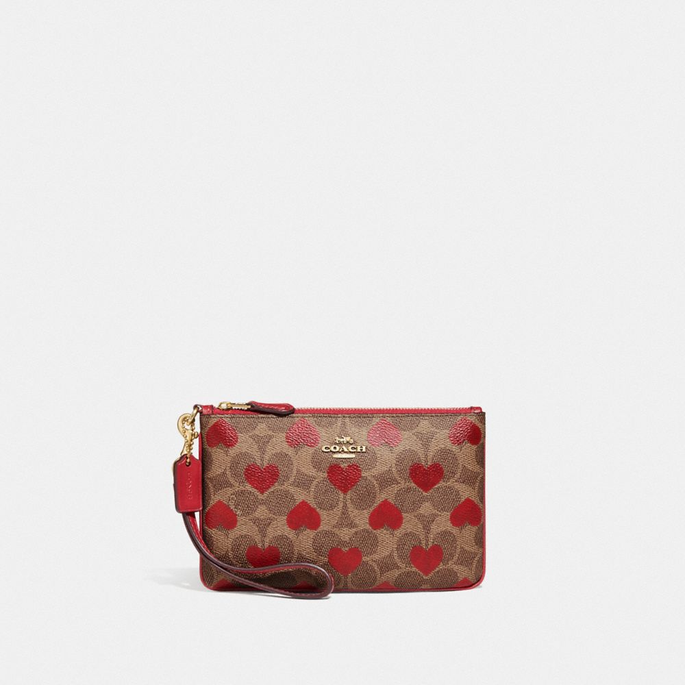 COACH C8550 Small Wristlet In Signature Canvas With Heart Print Brass/Tan Red Apple