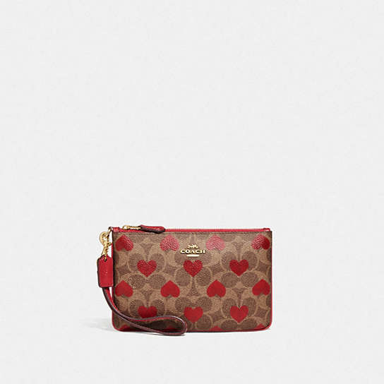 C8550 - Small Wristlet In Signature Canvas With Heart Print Brass/Tan Red Apple