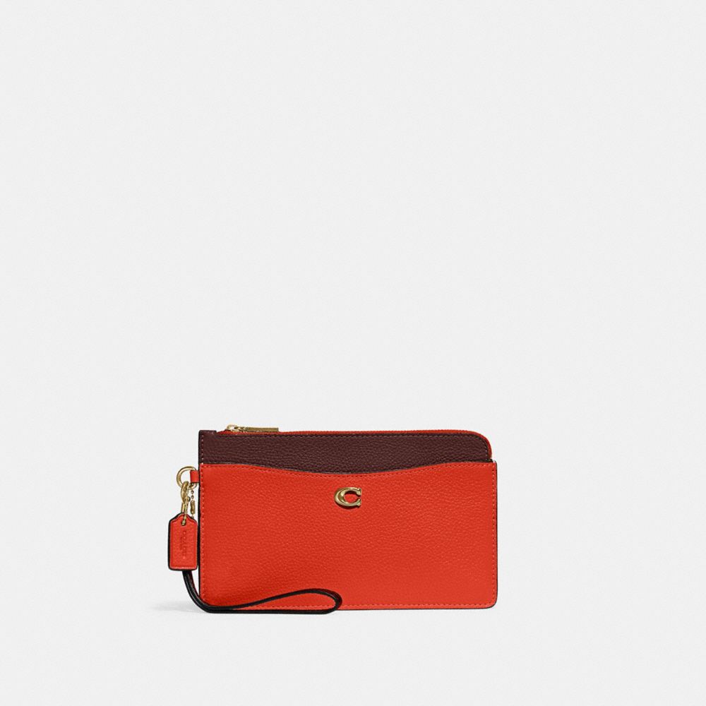 L Zip Wristlet In Colorblock - C8569 - Brass/Red Orange Multi