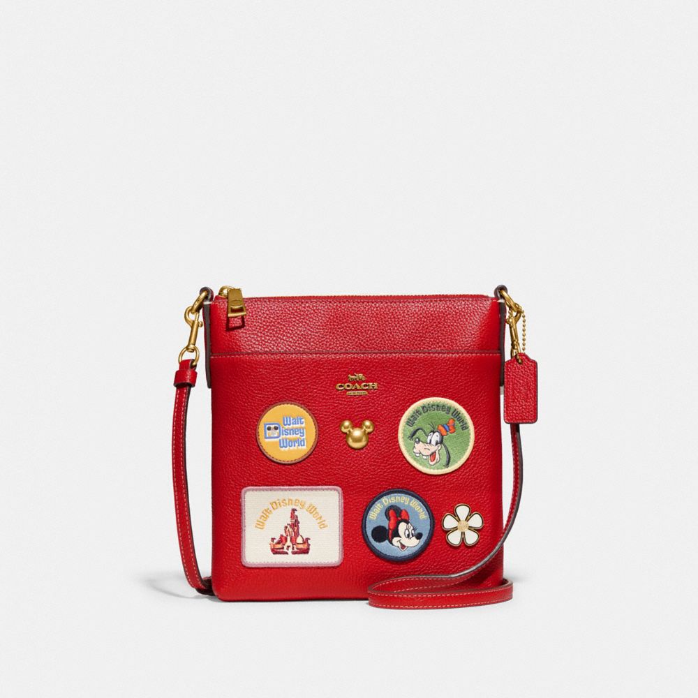 COACH C8574 Disney X Coach Kitt Messenger Crossbody With Patches BRASS/ELECTRIC RED