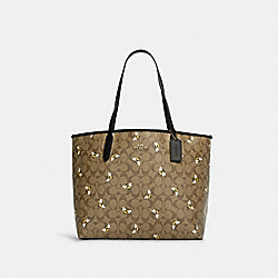City Tote In Signature Canvas With Bee Print - C8590 - GOLD/KHAKI MULTI