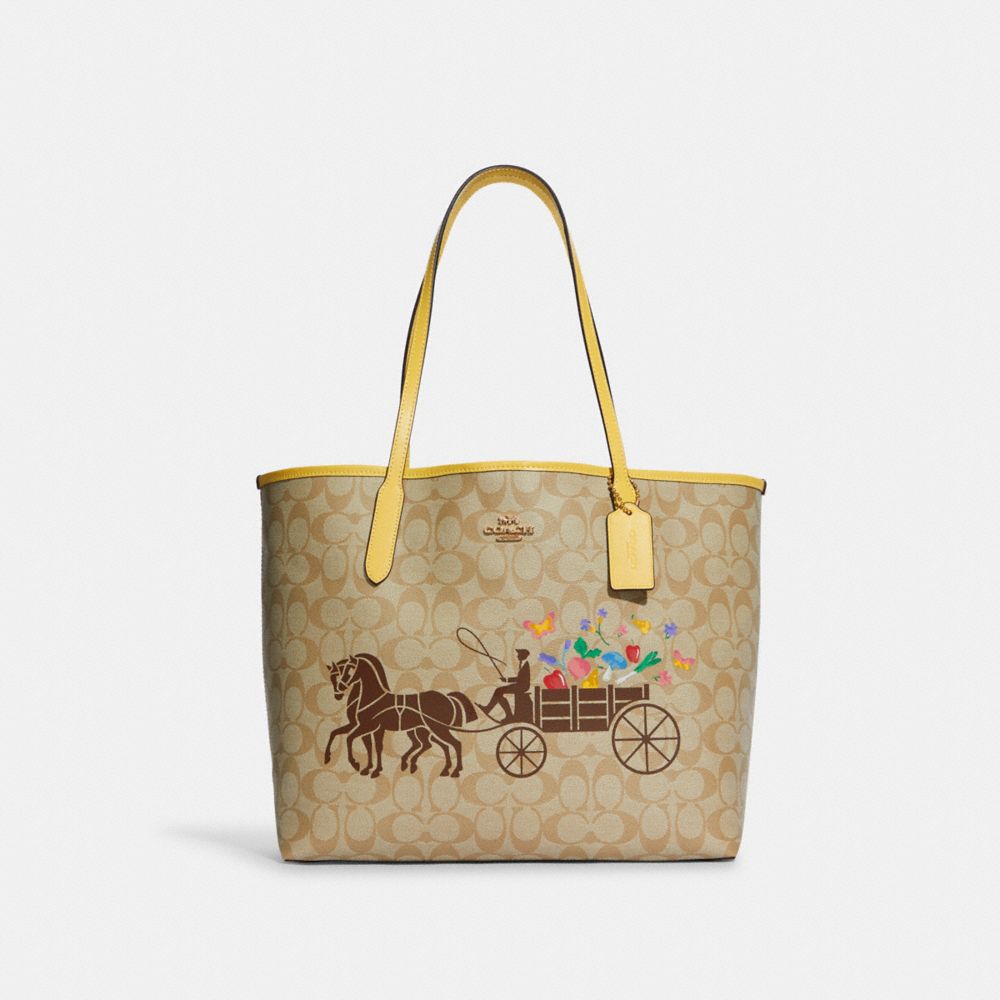 City Tote In Signature Canvas With Dreamy Veggie Horse And Carriage - GOLD/LIGHT KHAKI/RETRO YELLOW - COACH C8605