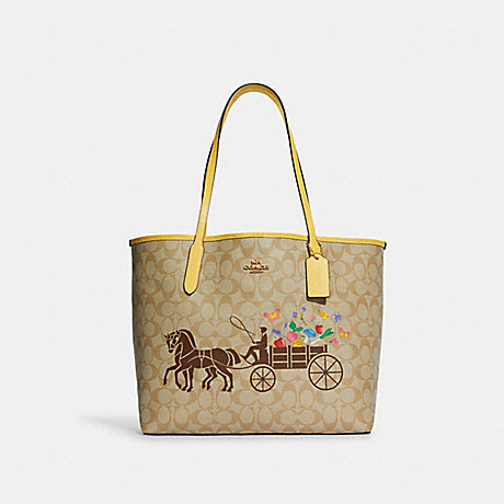 COACH C8605 City Tote In Signature Canvas With Dreamy Veggie Horse And Carriage GOLD/LIGHT-KHAKI/RETRO-YELLOW
