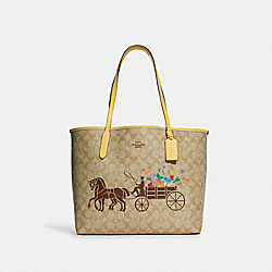 City Tote In Signature Canvas With Dreamy Veggie Horse And Carriage - C8605 - GOLD/LIGHT KHAKI/RETRO YELLOW