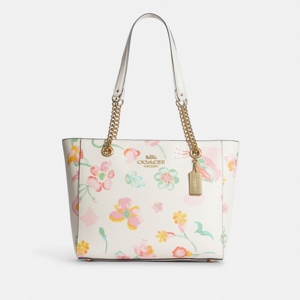 Cammie Chain Tote With Dreamy Land Floral Print - C8616 - GOLD/CHALK MULTI