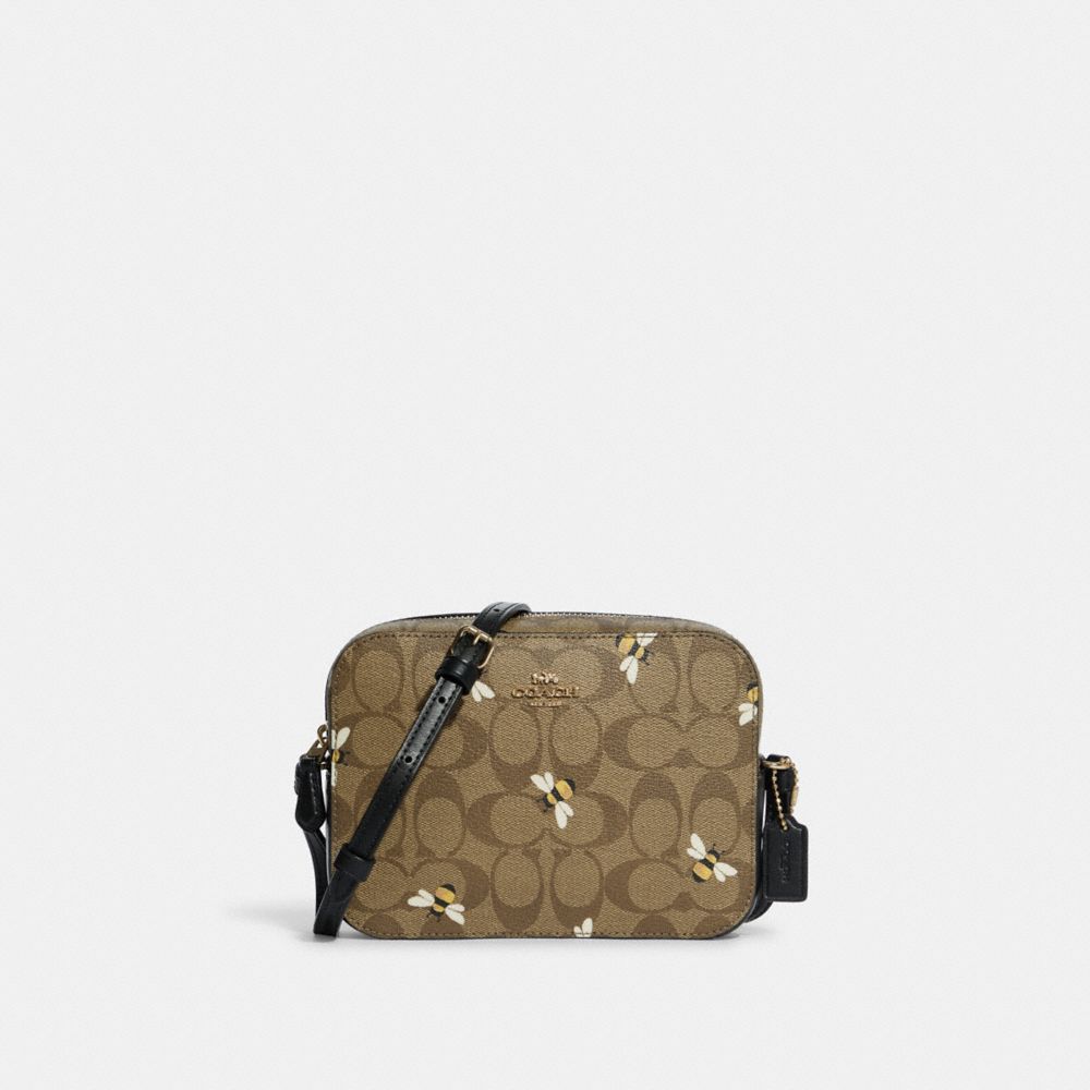 Mini Camera Bag In Signature Canvas With Bee Print - C8671 - GOLD/KHAKI MULTI