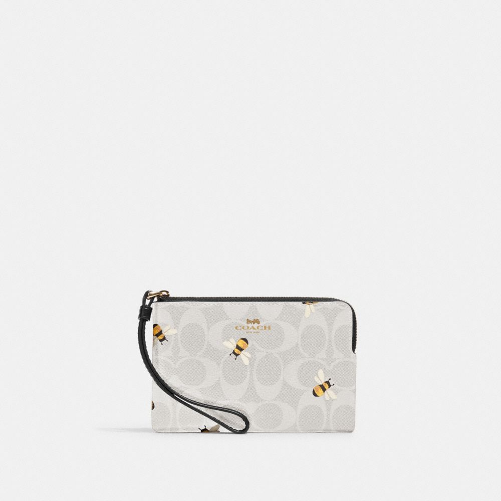 COACH C8674 Corner Zip Wristlet In Signature Canvas With Bee Print GOLD/CHALK/GLACIER WHITE MULTI