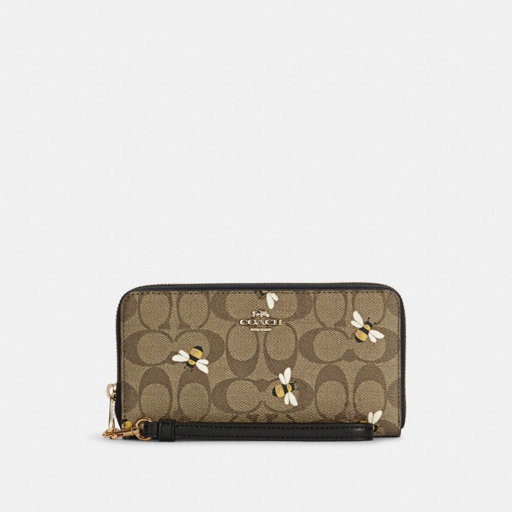 COACH C8675 - Long Zip Around Wallet In Signature Canvas With Bee Print GOLD/KHAKI MULTI