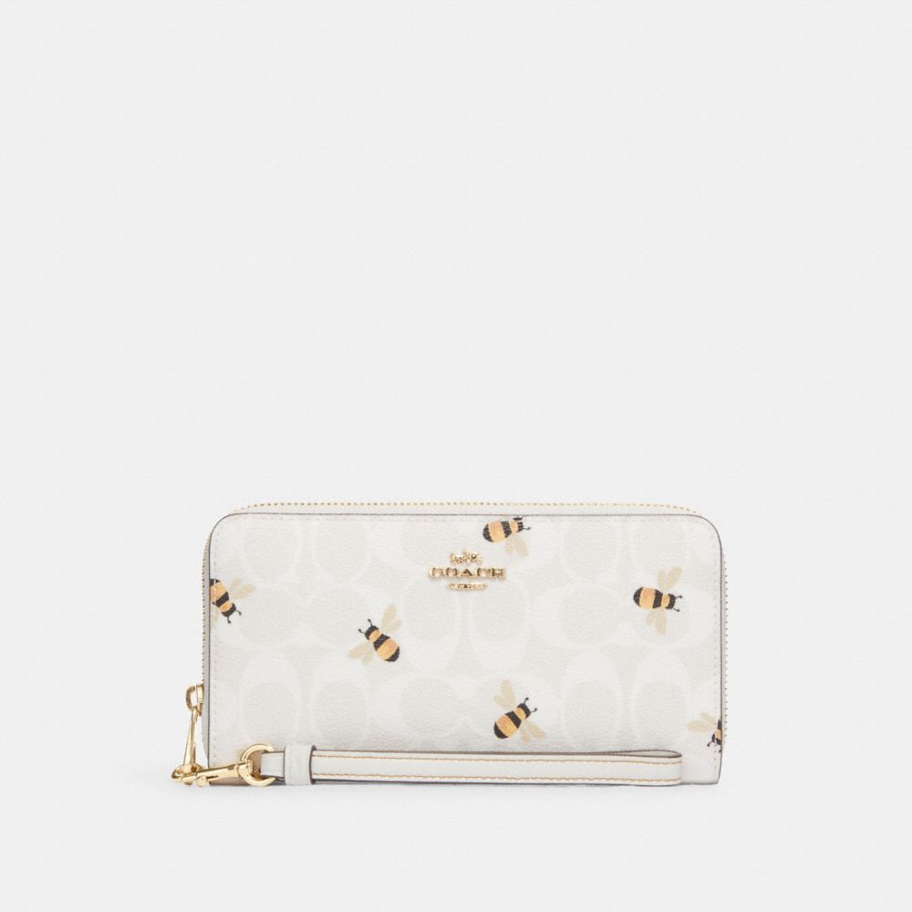 COACH C8675 Long Zip Around Wallet In Signature Canvas With Bee Print Gold/Chalk/Glacier White Multi