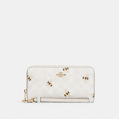 COACH C8675 Long Zip Around Wallet In Signature Canvas With Bee Print Gold/Chalk/Glacier White Multi