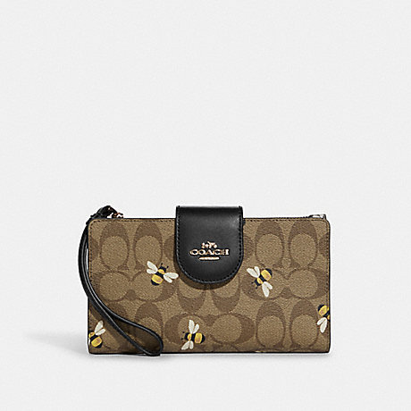 COACH Tech Wallet In Signature Canvas With Bee Print - GOLD/KHAKI MULTI - C8676