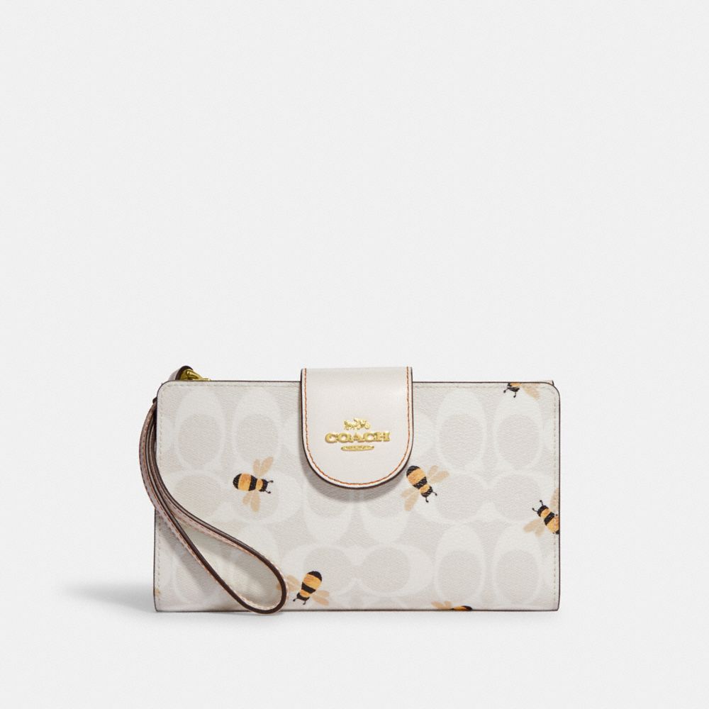 COACH C8676 Tech Wallet In Signature Canvas With Bee Print Gold/Chalk/Glacier White Multi