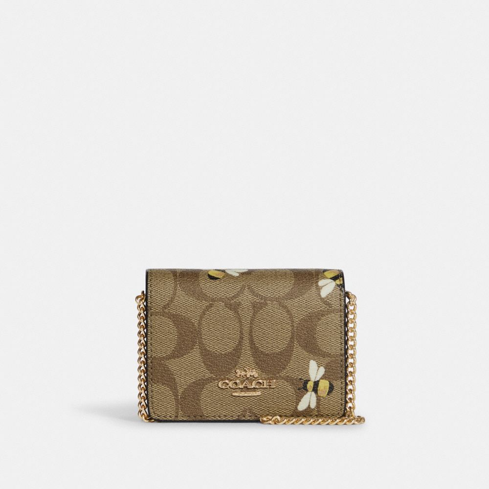 COACH Mini Wallet On A Chain In Signature Canvas With Bee Print - GOLD/KHAKI MULTI - C8677
